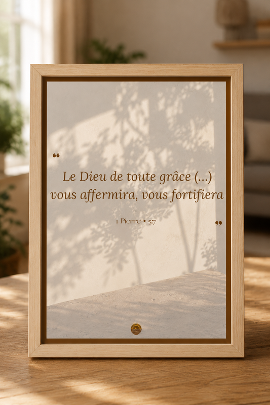 Affiche encadrée A3 — "Le Dieu de toute grâce vous affermira, vous fortifiera" — 1 Pierre 5:7