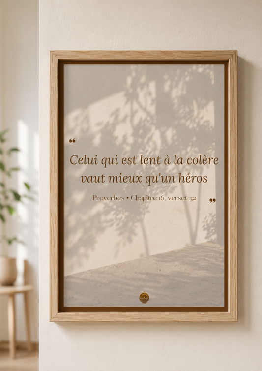 Affiche encadrée A3 — "Celui qui est lent à la colère vaut mieux qu'un héros" — Proverbes, chapitre 16, verset 32
