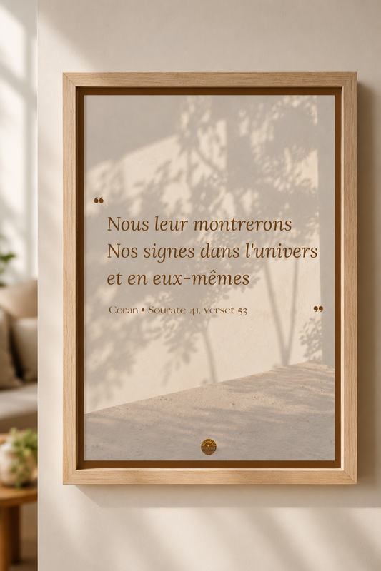 Affiche encadrée A3 — "Nous leur montrerons Nos signes dans l'univers et en eux-mêmes" — Coran, Sourate 41, verset 53