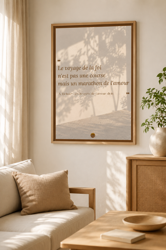 Affiche encadrée A3 — "Le voyage de la foi n'est pas une course, mais un marathon de l'amour" — A. Helwa, Les Secrets de l'amour divin