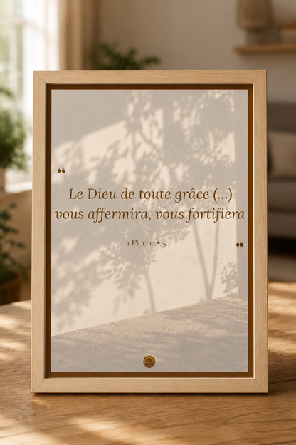 Affiche encadrée A3 — "Le Dieu de toute grâce vous affermira, vous fortifiera" — 1 Pierre 5:7